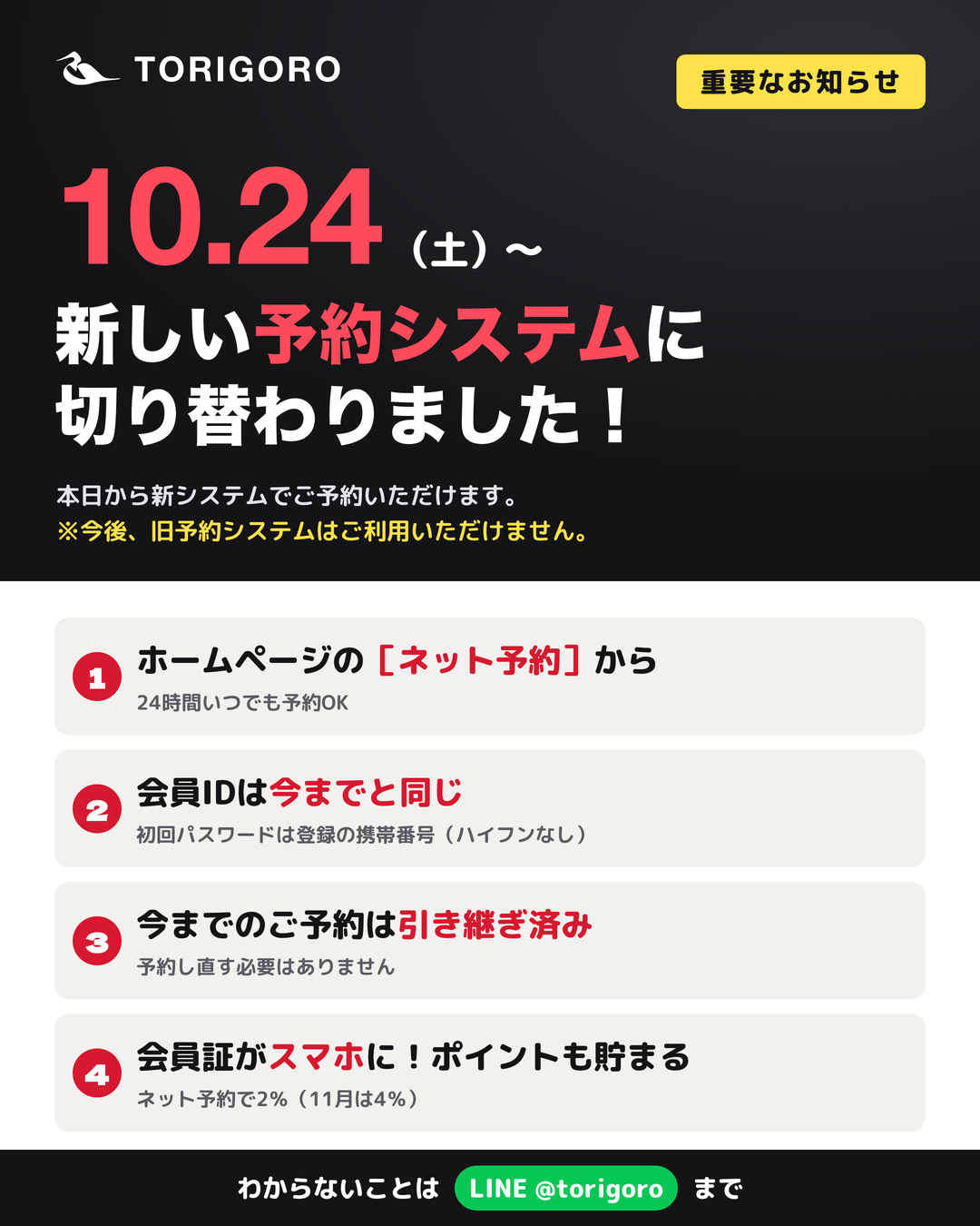 重要なお知らせ。10月24日(土)から新しい予約システムに切り替わりました。旧予約システムは今後ご利用いただけません。ホームページのネット予約から24時間いつでも予約できます。会員IDは今までと同じで、初回パスワードは登録の携帯番号(ハイフンなし)です。今までのご予約は引き継ぎ済みで、予約し直す必要はありません。会員証がスマホになり、ネット予約で2%(11月は4%)のポイントが貯まります。わからないことはLINE @torigoro まで。